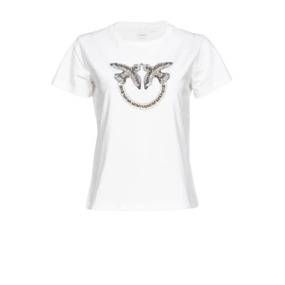 PINKO Love Birds Broderad Vit T-shirt White, Dam