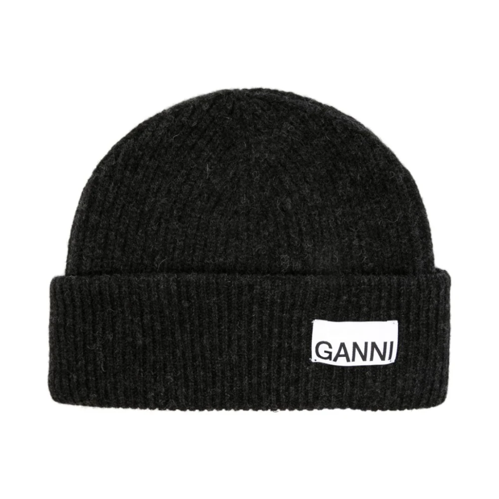 Ganni Logo-Patch Ribgebreide Beanie Gray Dames