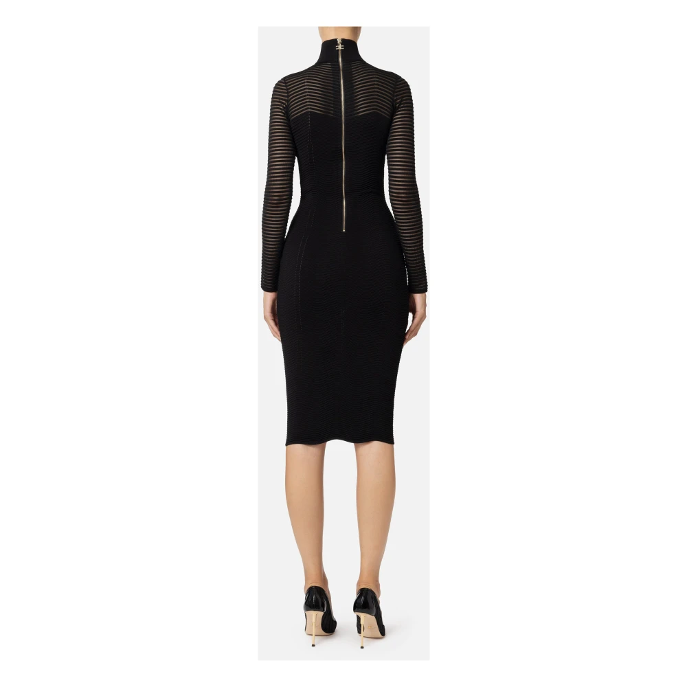 Elisabetta Franchi Zwarte Chevron Midi Jurk met Mesh Black Dames