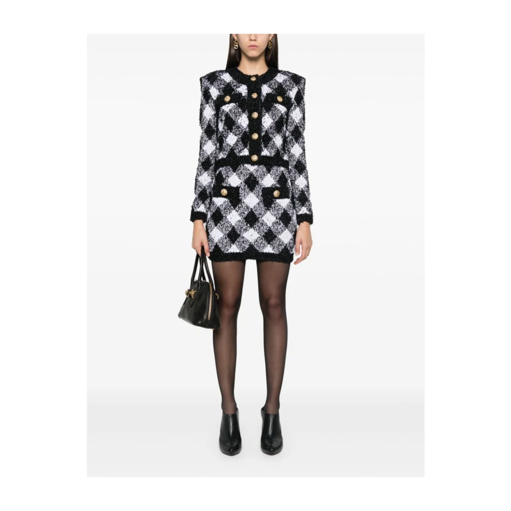 Balmain Gingham Check Rok met Metallic Draad Black Dames