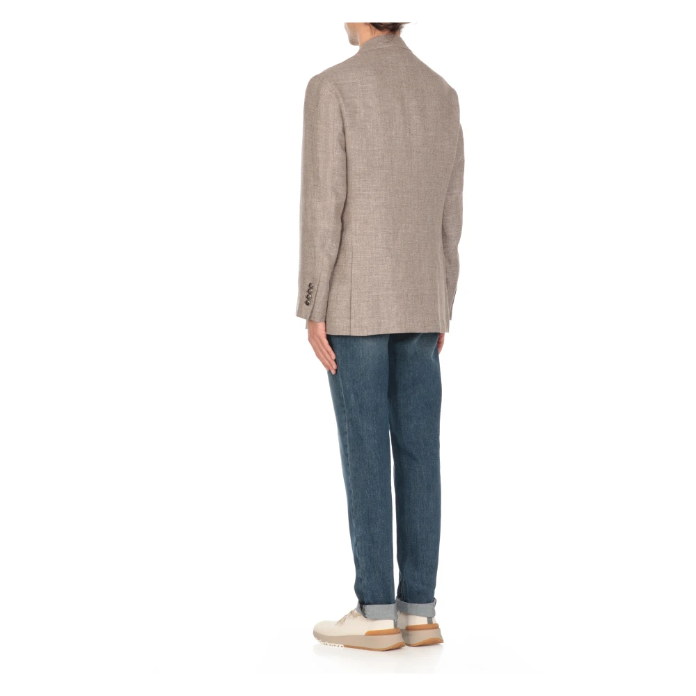 BRUNELLO CUCINELLI Dubbelbreasted Linnen en Wol Jas Brown Heren