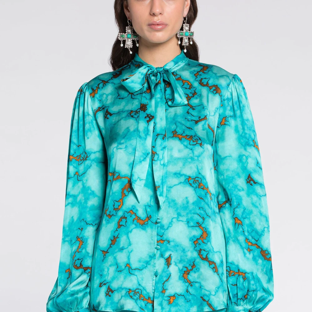 Roberto Cavalli Marmeren Zijden Shirt met Zelfstrik Blue Dames