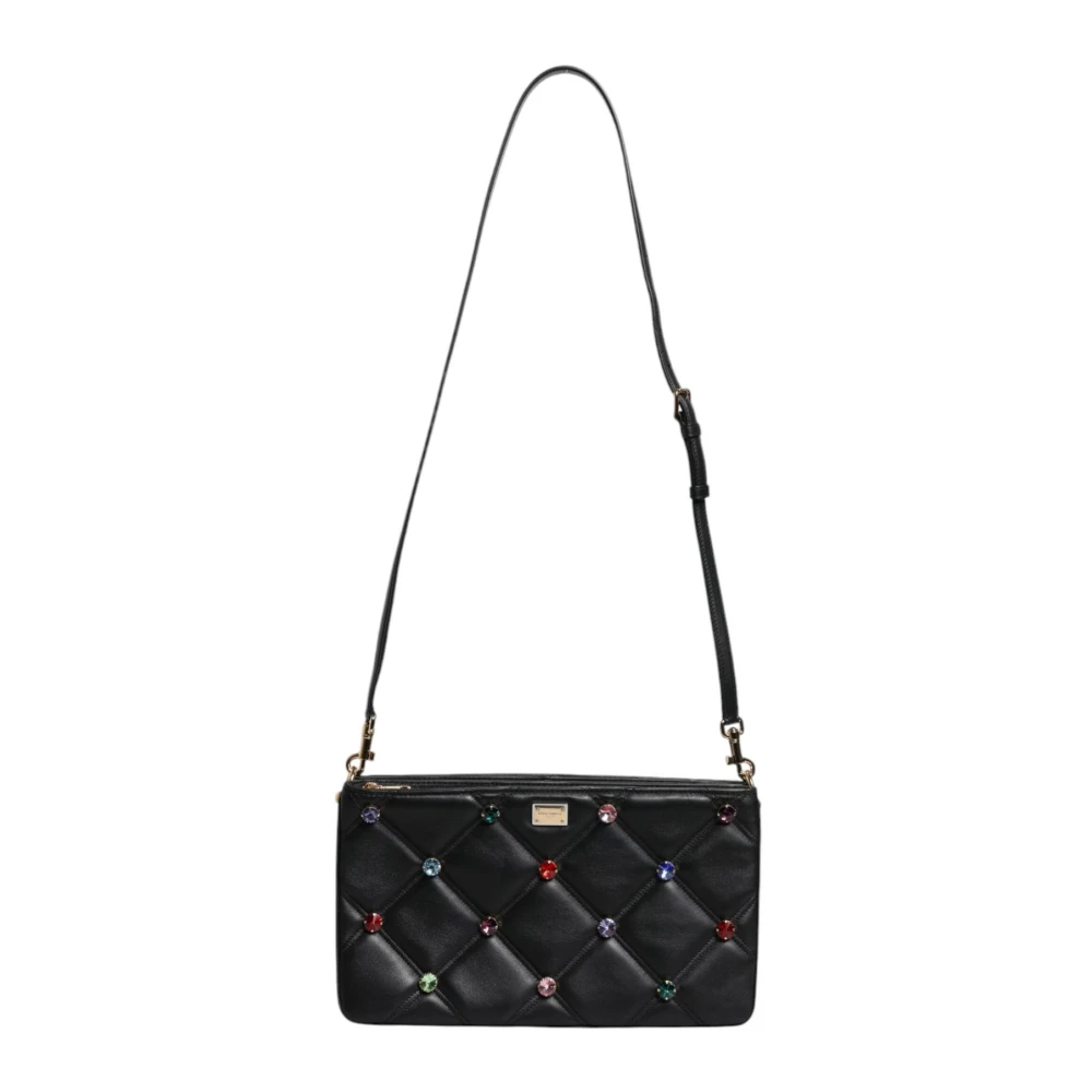 Dolce & Gabbana Kristal Logo Schoudertas Zwart Leer Black Dames
