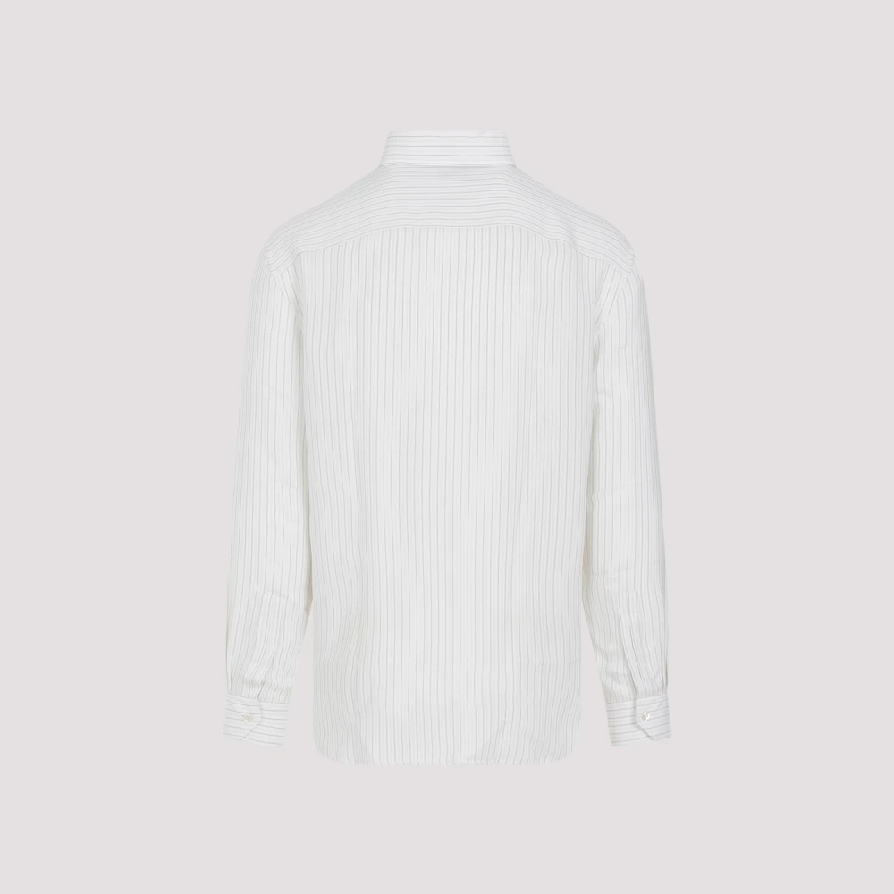 Saint Laurent Gestreept zijden overhemd met knopen Beige Heren