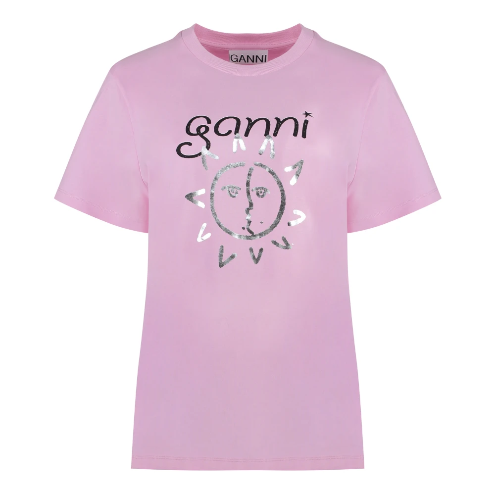 Ganni Contrasterend Print Katoenen T-shirt Pink Dames