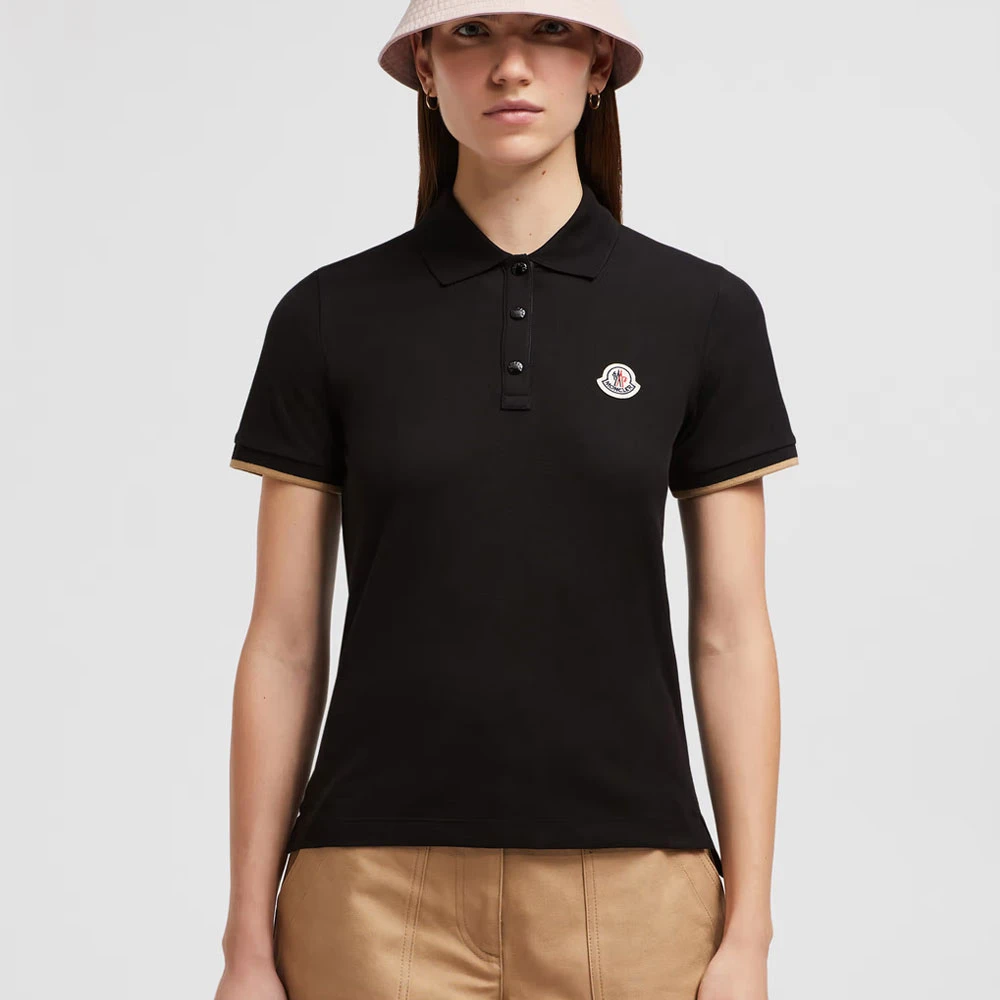 Moncler Logo Patch Piquet Polo Zwart Black Dames