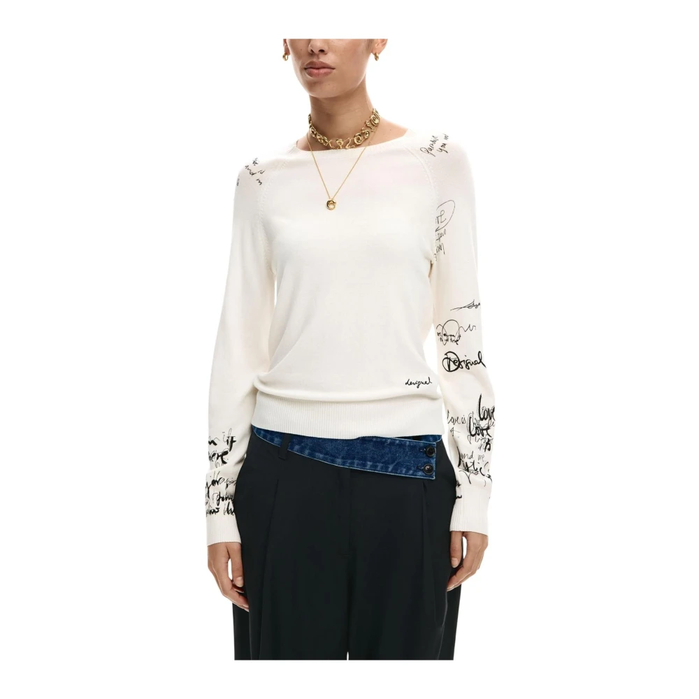 Desigual Women's Beige Round-Neck Knitwear, L, Print Knitwear With Long Sleeves And Round Neck