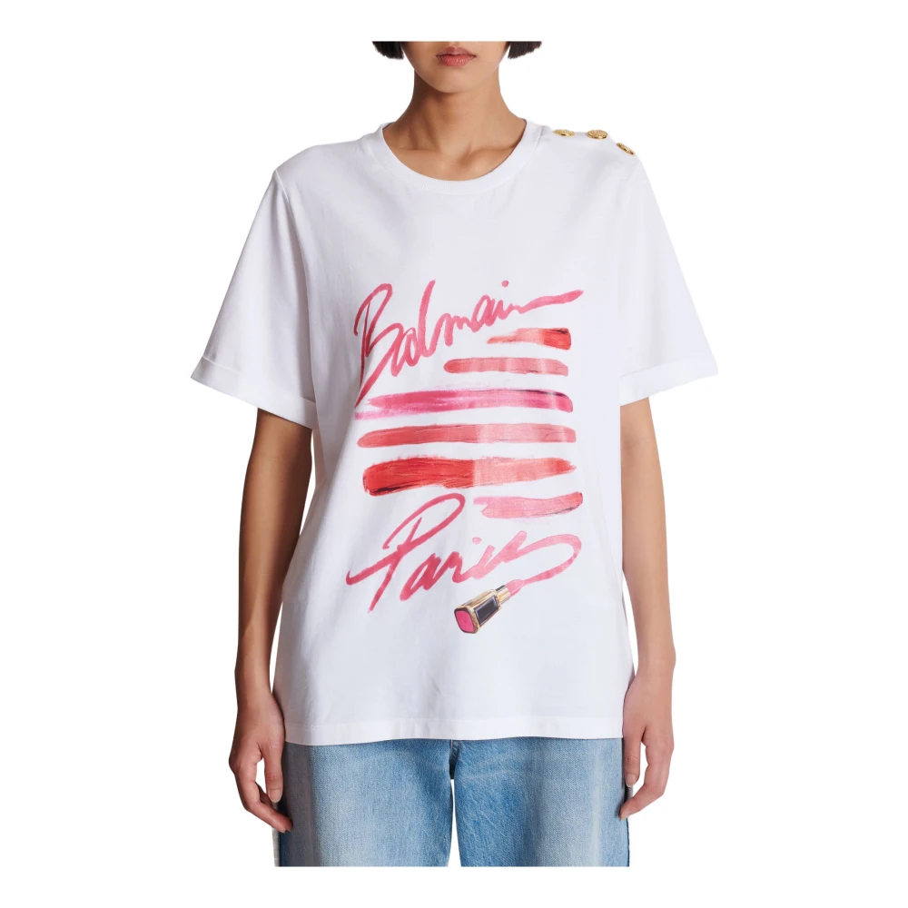 Balmain T-shirt met lippenstiftprint White Dames
