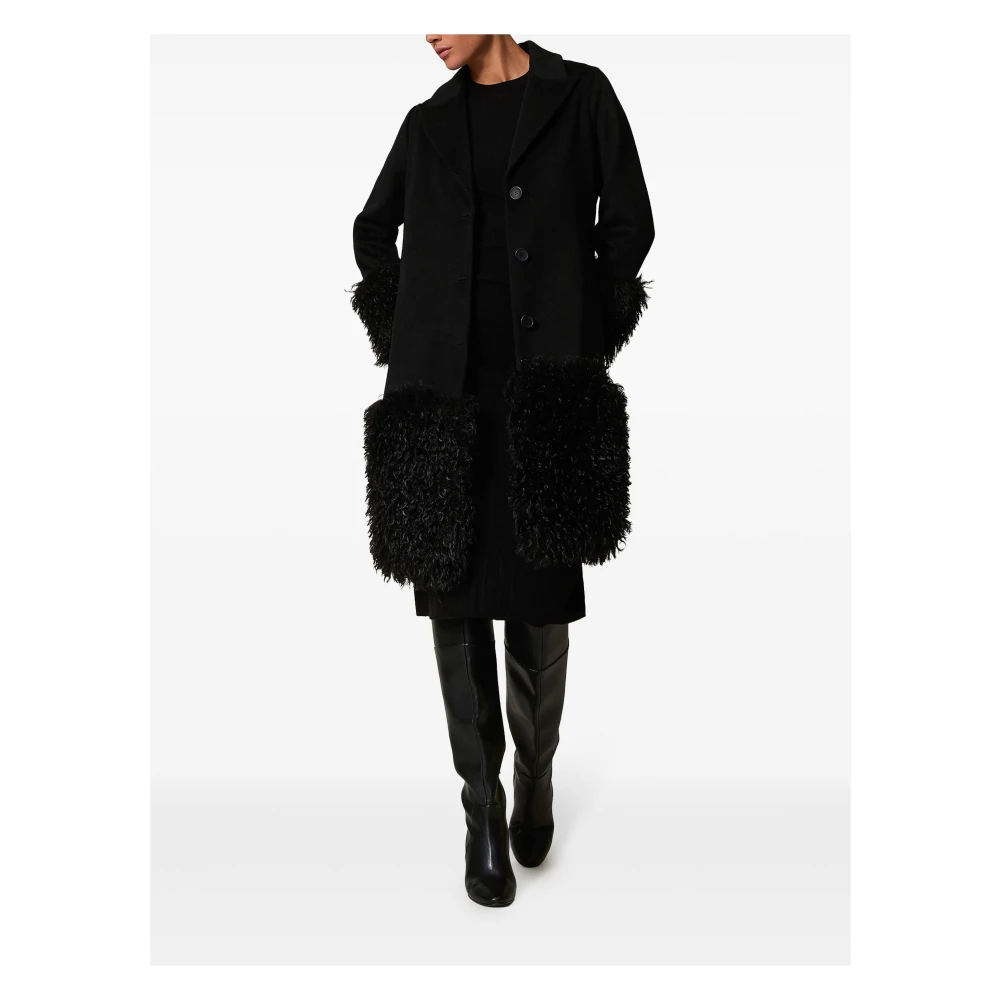 Twinset Zwarte wollen jas met bontafwerking Black Dames