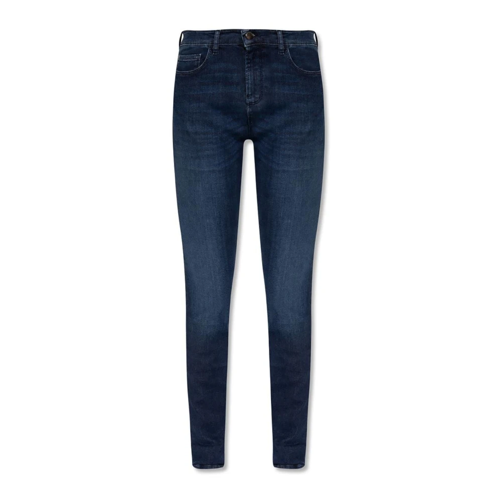 Emporio Armani Skinny Fit Denim Jeans met Leren Logo Blue Dames