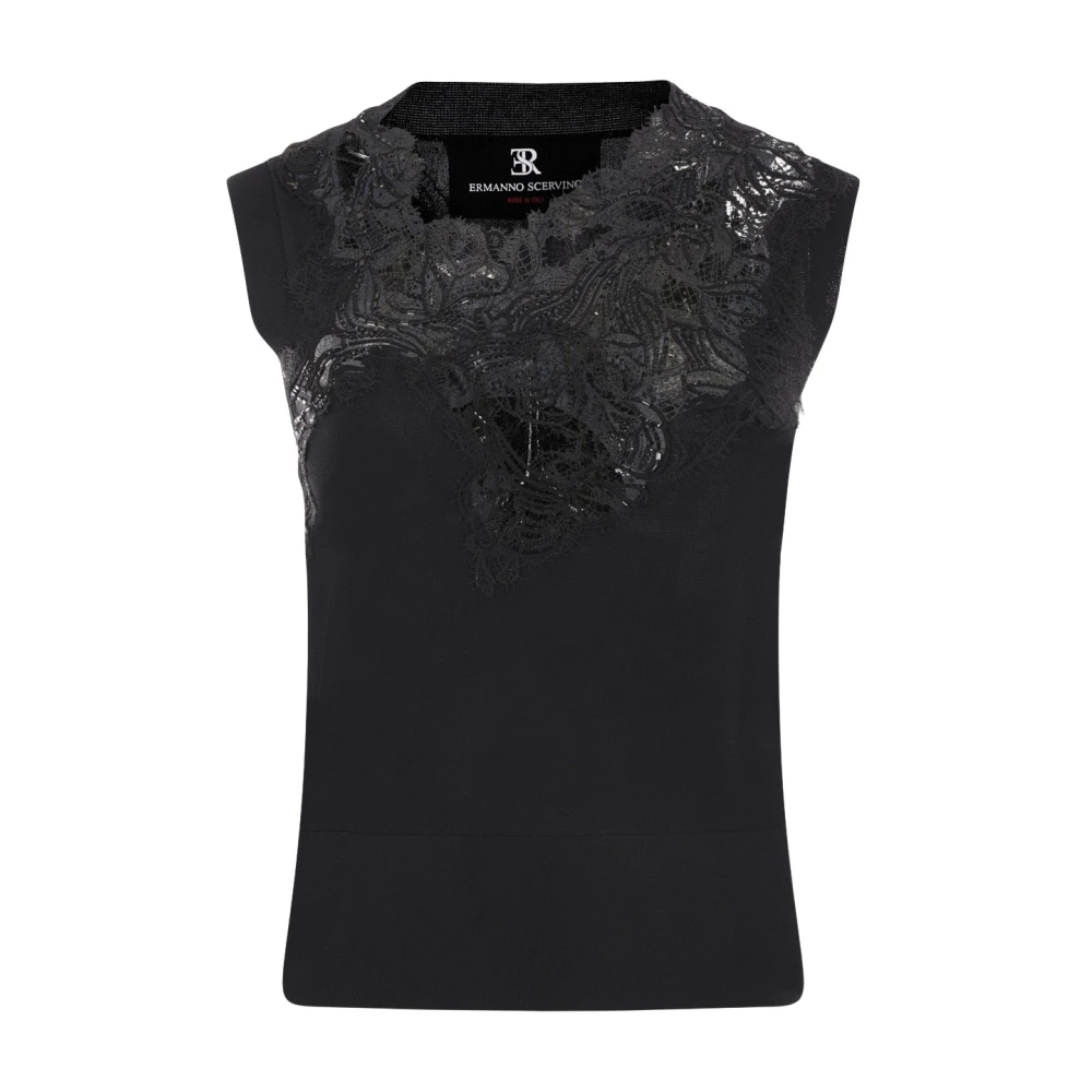 Ermanno Scervino Zwarte Mouwloze Gebreide Top met Kralen Kant Black Dames