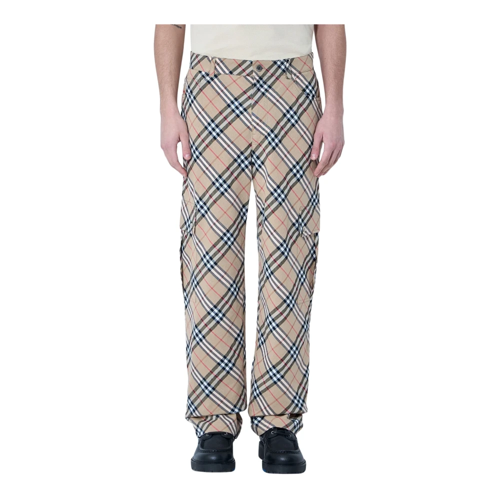 Burberry Men's Beige Straight Trousers, M, Check Linen-Blend Trousers