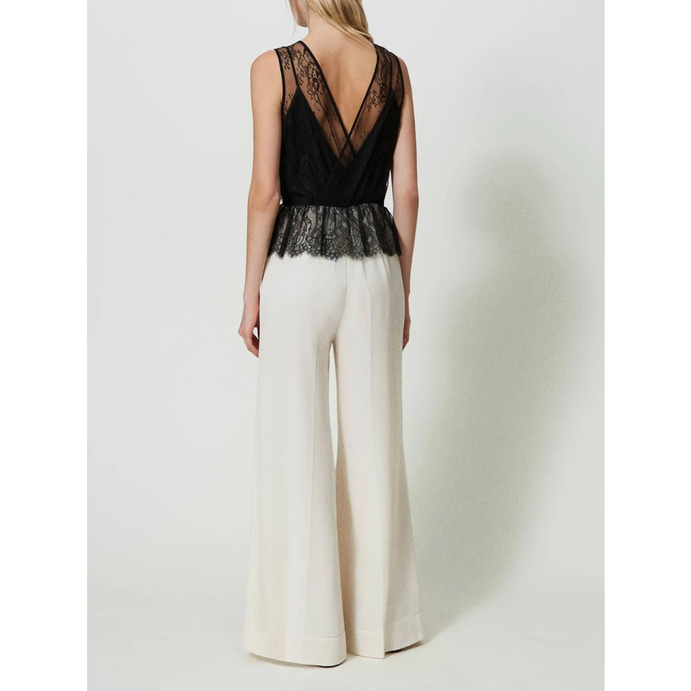 Twinset Kant Chantilly Jumpsuit Wijde Pijpen White Dames