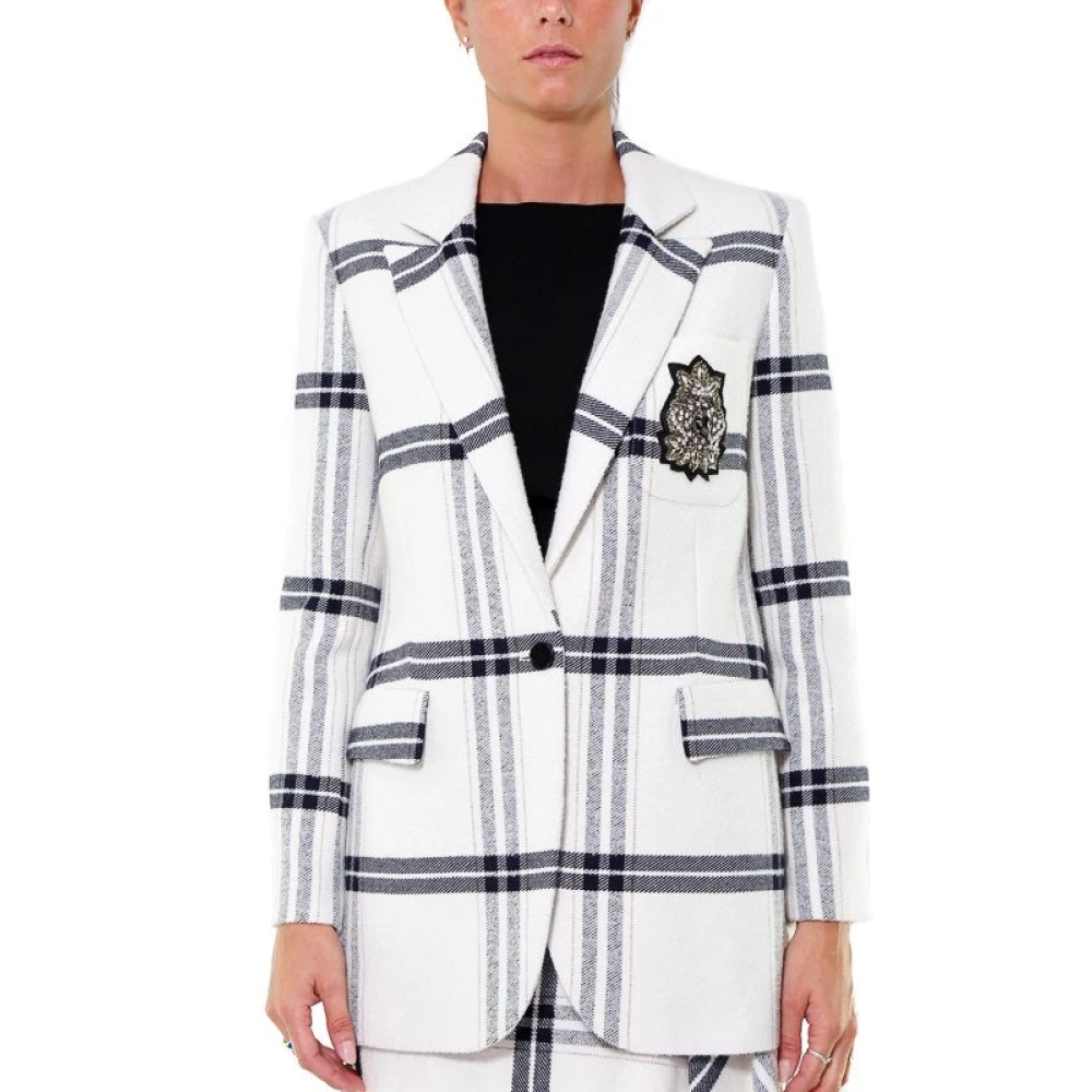 Pinko Witte Tartan Wollen Lange Jas White Dames