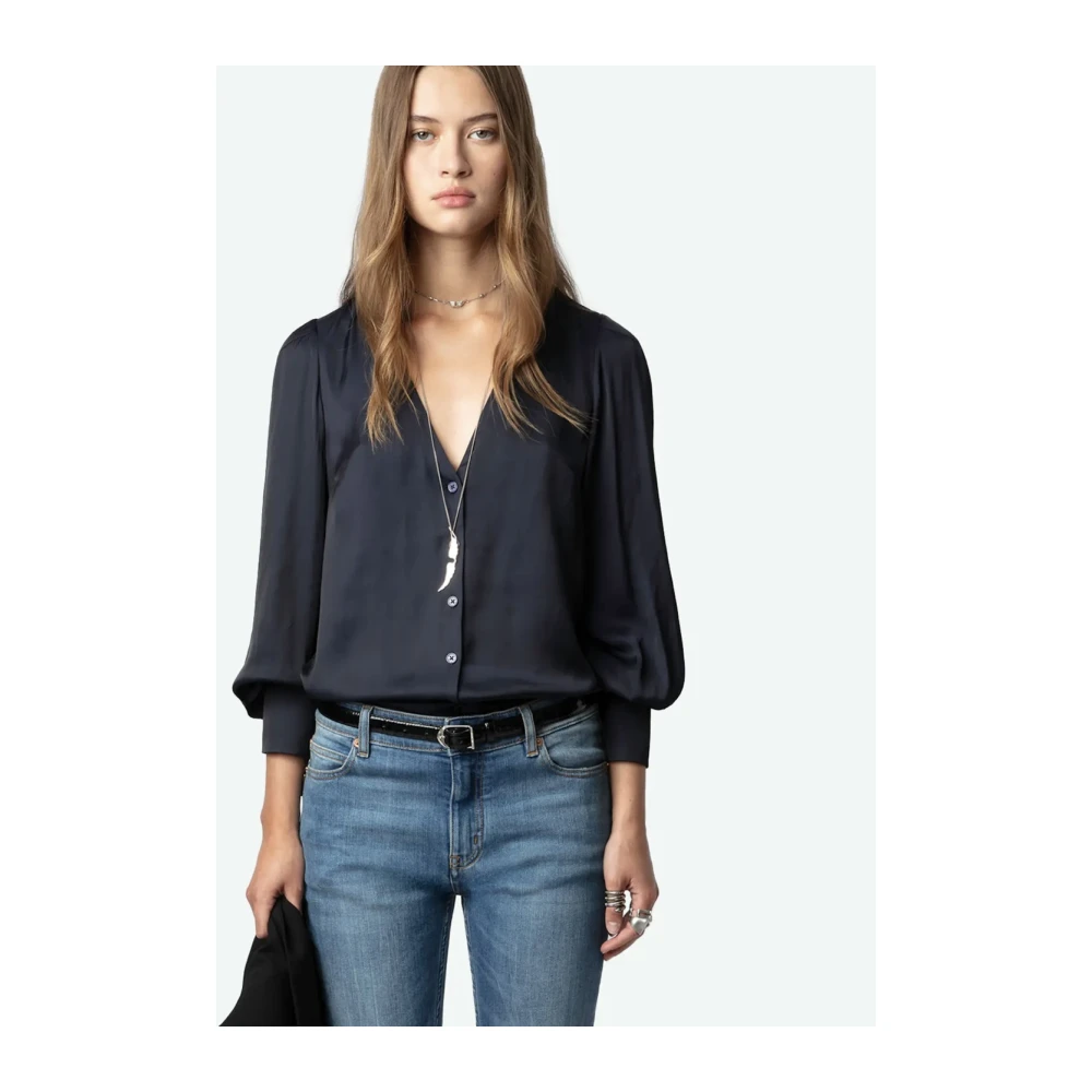 Zadig & Voltaire Navy Satijnen Blouse met Strass Knopen Blue Dames