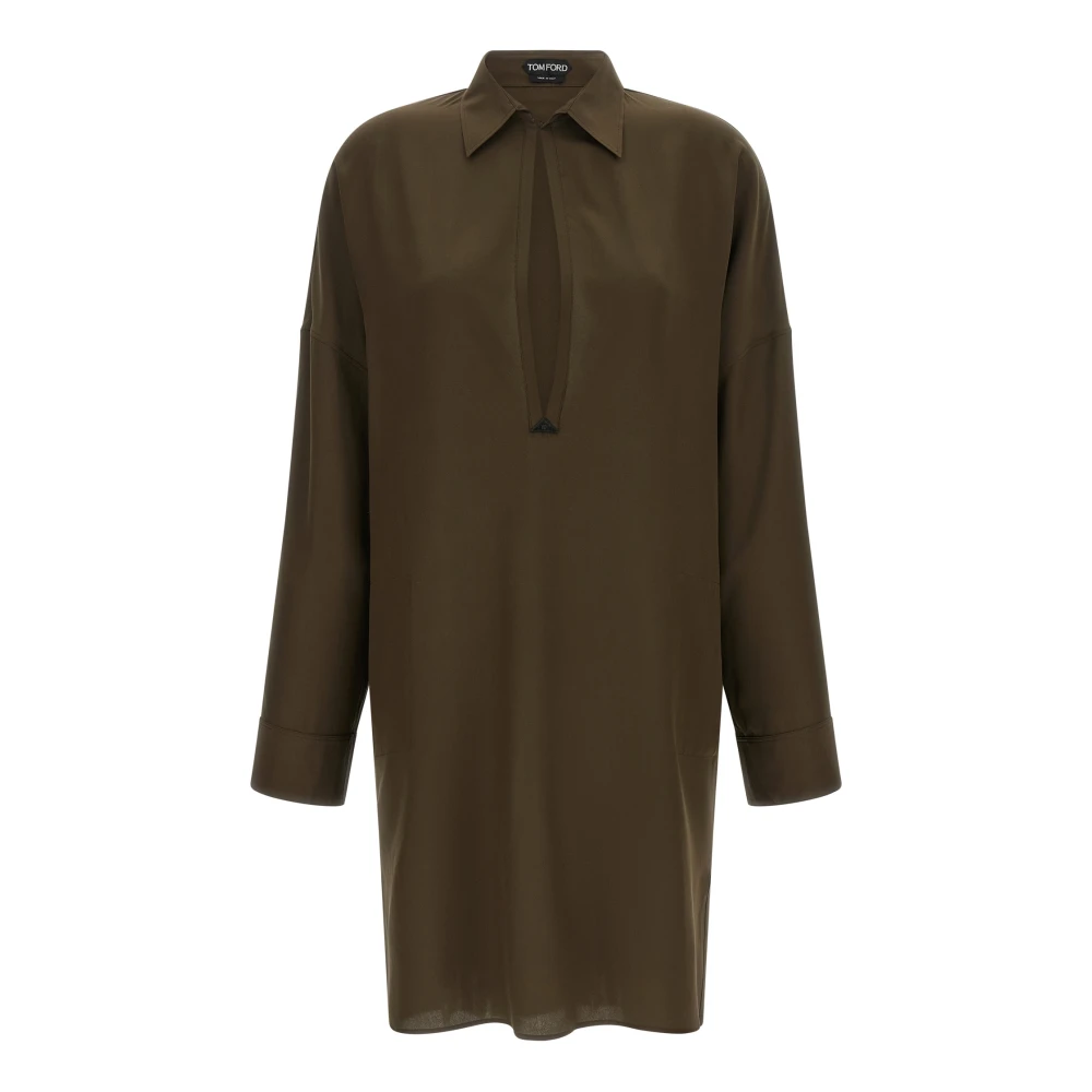 Tom Ford Women's Green Silk Crepe De Chine Tunic Dress With Leather Details And Tf Debossed Logo - Tunics - 2XS - Blouses & Shirts