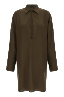 Silk Crepe de Chine Tunika Klänning med Läderdetaljer och TF Debossed Logo