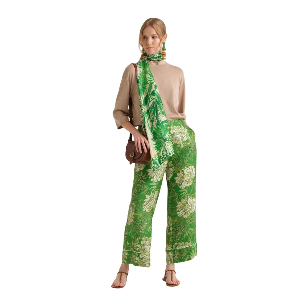 Maliparmi Women's Green Wide Trousers, L, Print Trousers