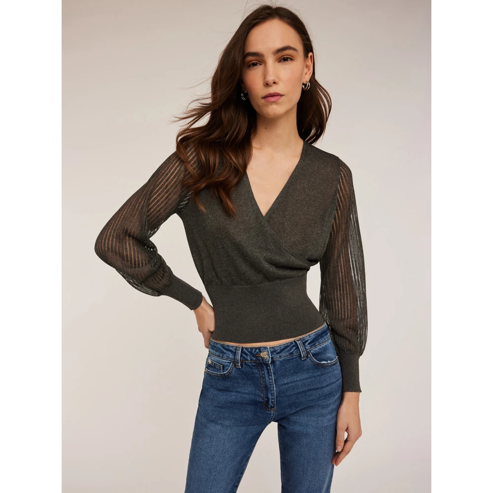Motivi Trui met crossover en geperforeerde mouwen Gray Dames