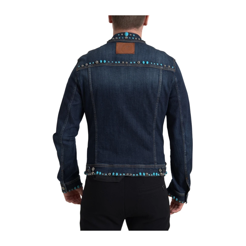 Dolce & Gabbana Turquoise Denim Jack met Versieringen Blue Heren