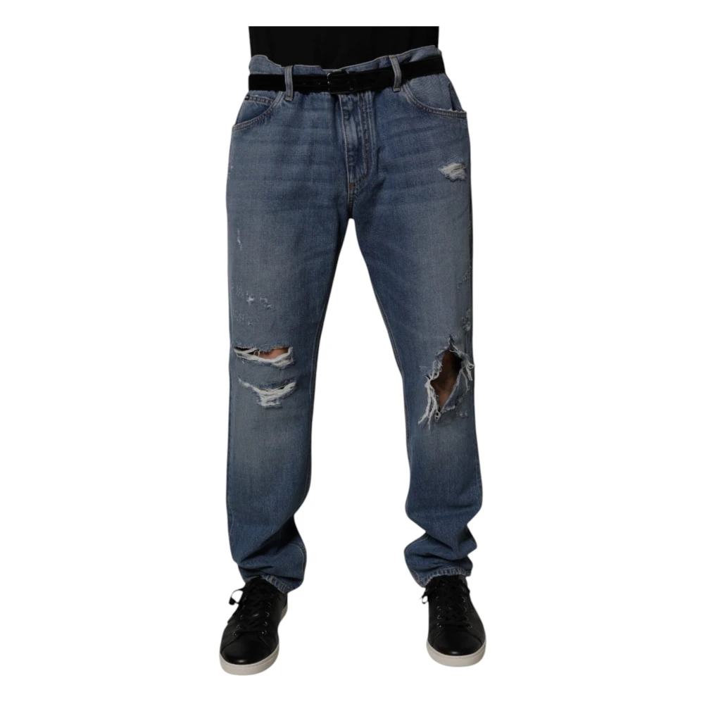 Dolce & Gabbana Men's Blue Tattered Straight Denim Jeans