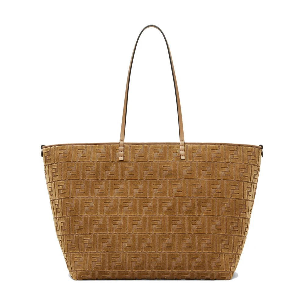 Fendi Velvet Jacquard Handtas met Kalfsleren Handvatten Beige Dames