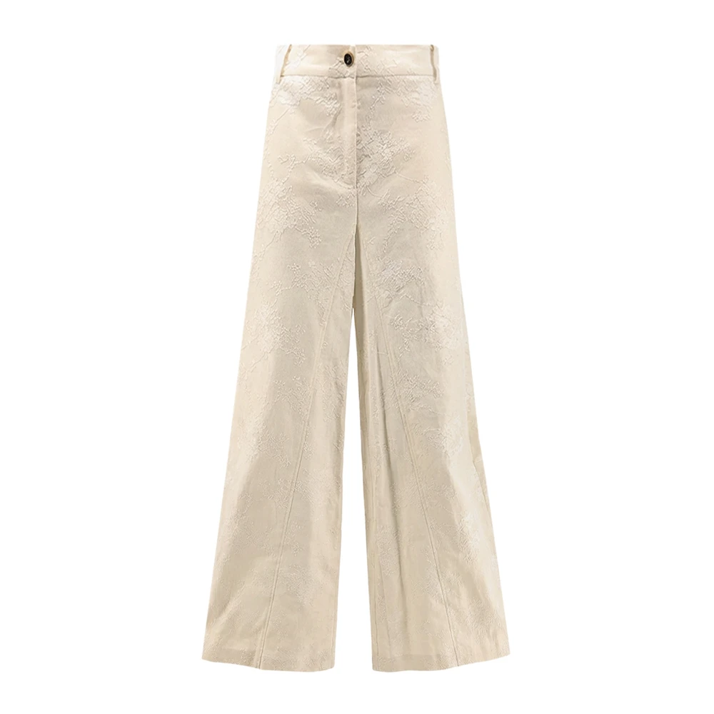 Pinko Women's Beige Ivy Linen Trousers With Embroidery - Wide Trousers - S - Trousers