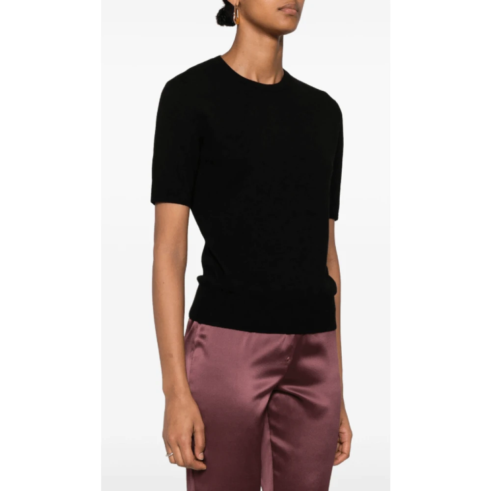 Saint Laurent Zwart wollen gebreid T-shirt met ronde hals Black Dames