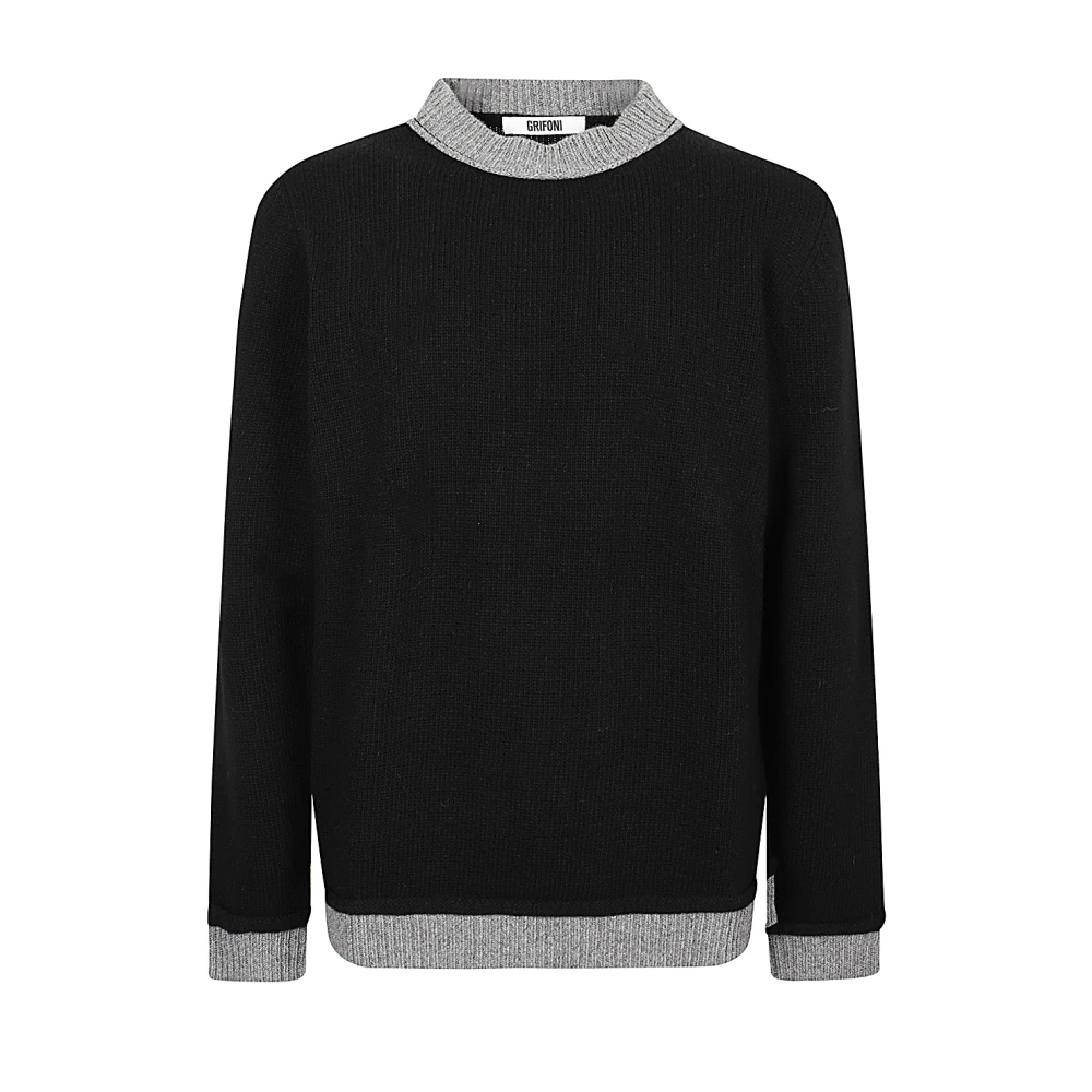 Mauro Grifoni Bicolor wollen trui met ronde hals Black Heren