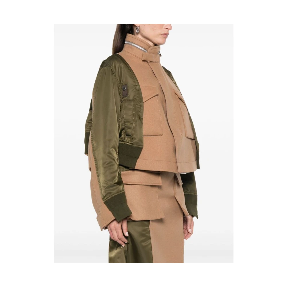 Sacai Groene Wol Staande Kraag Jas Brown Dames