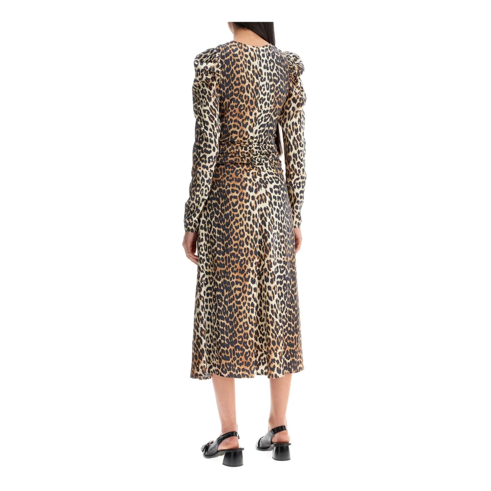 Ganni Midi Jurk met Dierenprint en Pofmouwen Brown Dames