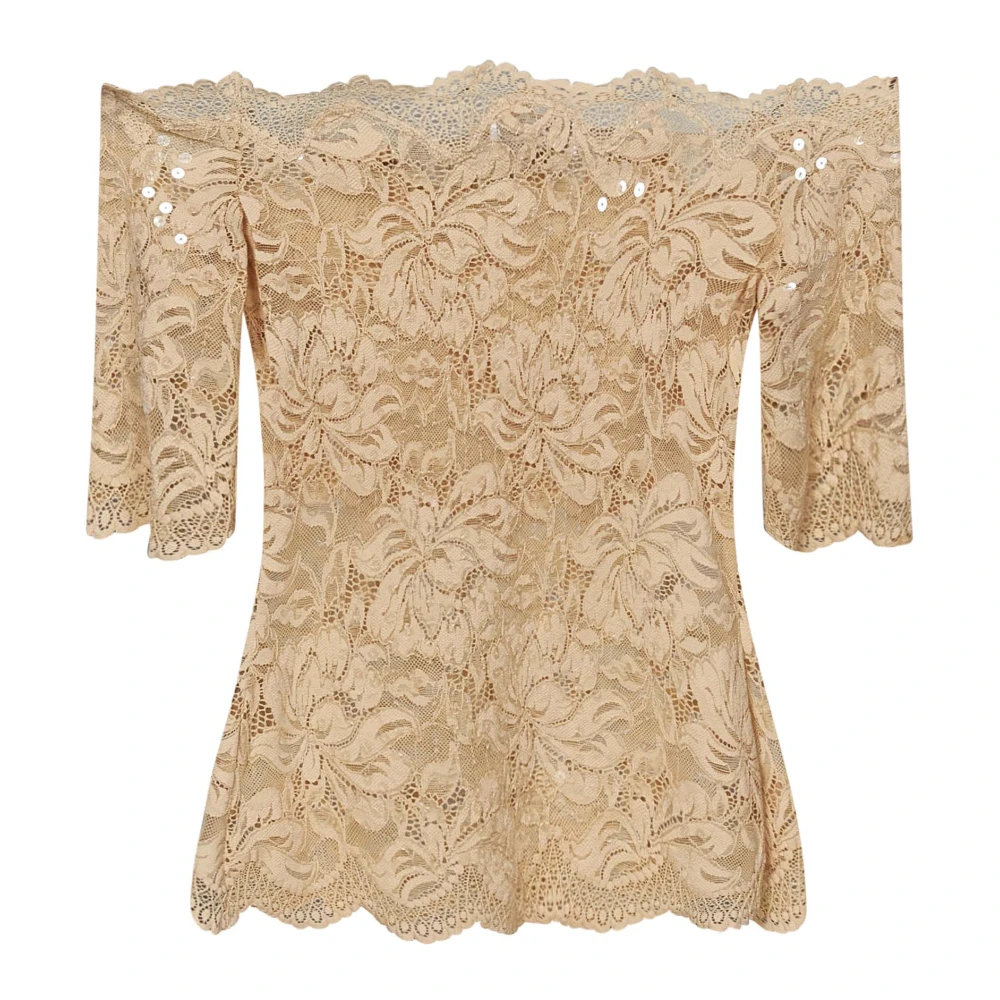 Paco Rabanne Beige Bloemenkant Off-Shoulder Top Beige Dames
