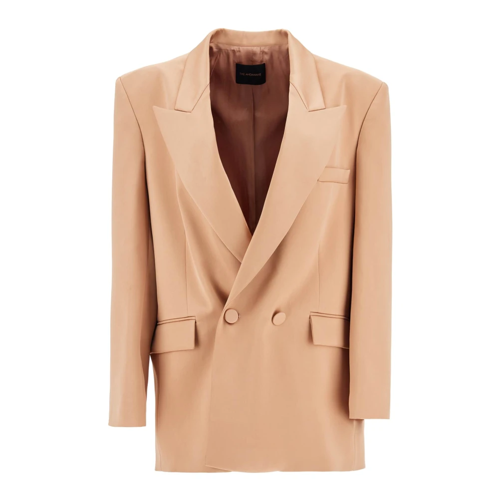Andamane Satin Double-Breasted Blazer met Peak Revers Beige Dames