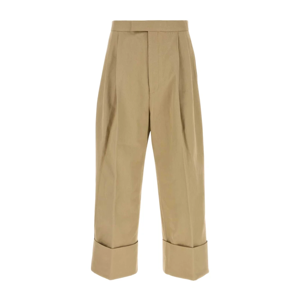 Thom Browne Men's Beige Wide Trousers, S, High-Rise Pleated Trousers