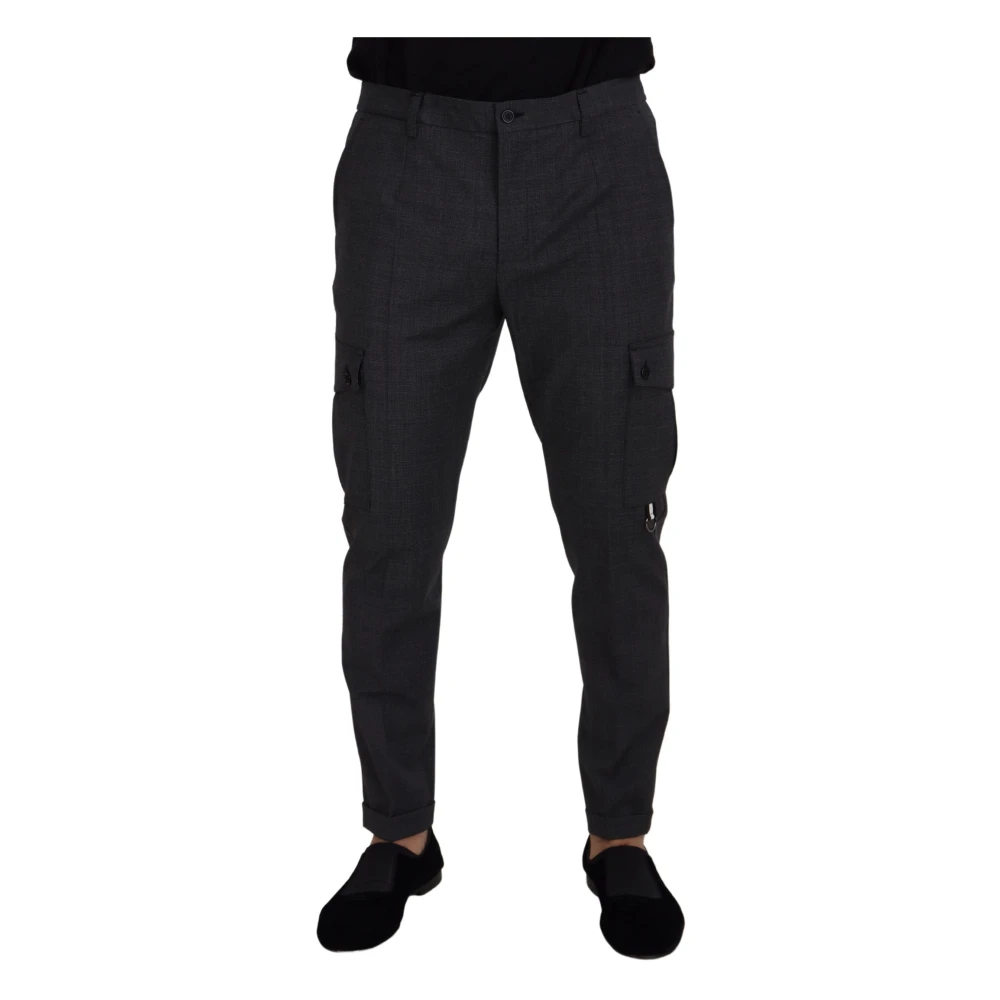 Dolce & Gabbana Men's Gray Slim-Fit Trousers,, Checked Cargo Trousers Stretch Trousers Medium