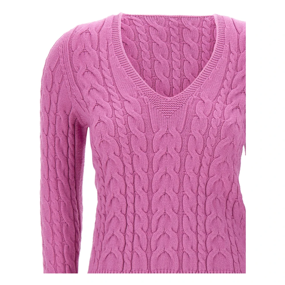 Kaos Fuchsia V-Hals Kabel Gebreide Trui Pink Dames