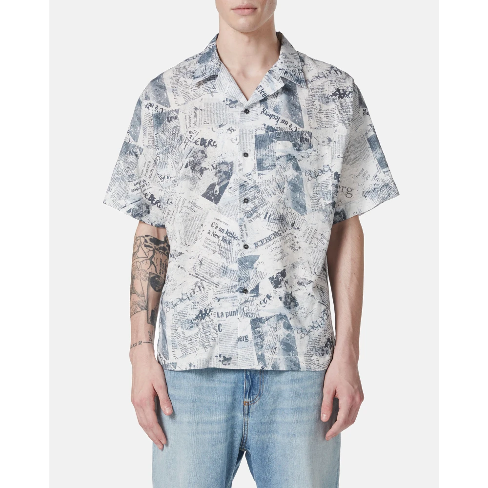 Iceberg Blauw achtergrond comfortabele pasvorm korte mouw bowling shirt Blue Heren