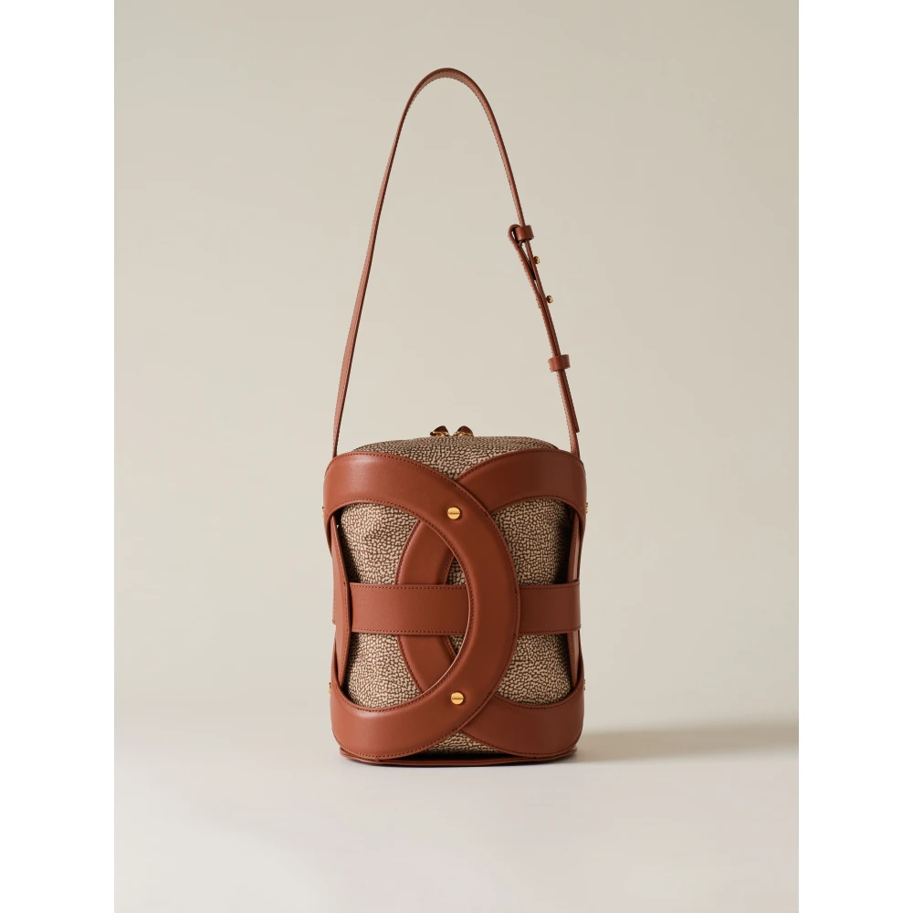 Borbonese Middelgrote Leren Bucket Bag met Weefsel Brown Dames