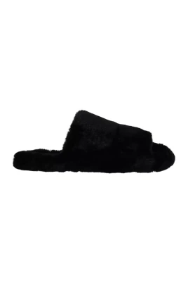 Svarta sandaler i fuskpäls av polyester