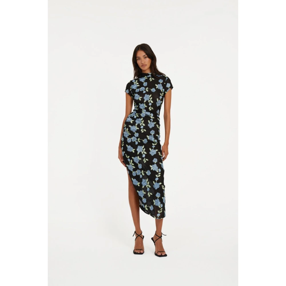 Rotate Birger Christensen Zwarte Mesh Asymmetrische Maxi Jurk Black Dames