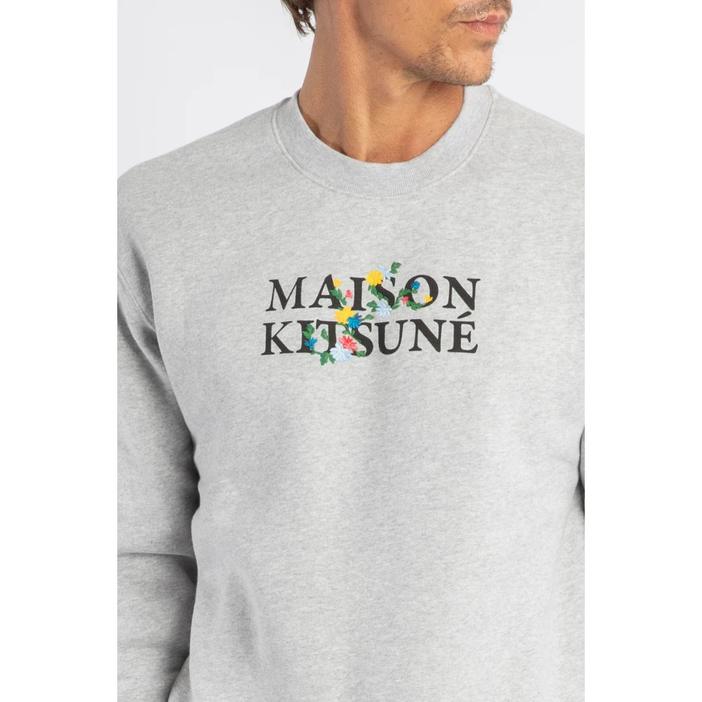 Maison Kitsuné Logo Sweatshirt Katoenen Crew Neck Gray Heren