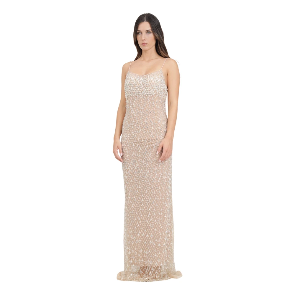 Elisabetta Franchi Handgeborduurde lange jurk met strass Beige Dames