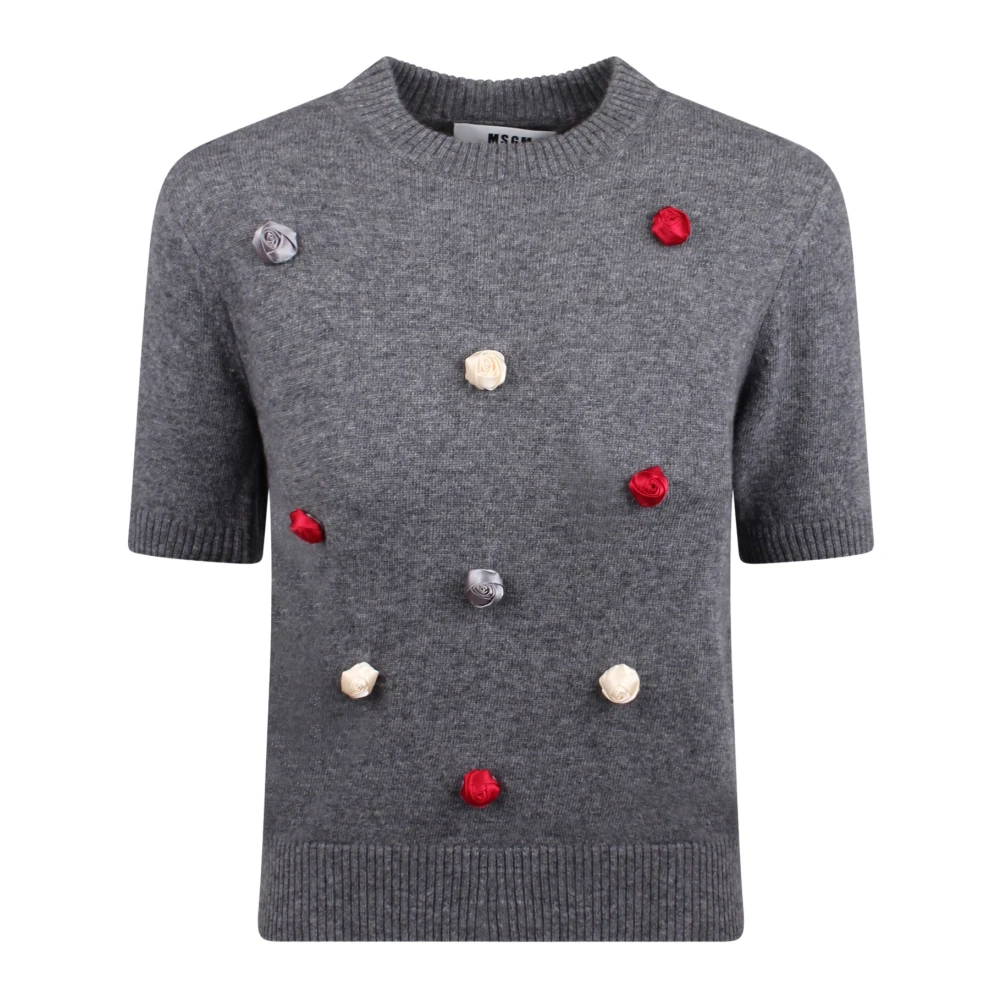 Msgm Rose Appliqué Gebreide Trui Gray Dames