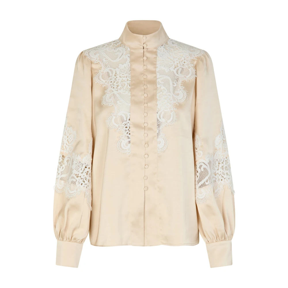 Cras Elegante Satijnen Blouse met Kantdetails Beige Dames