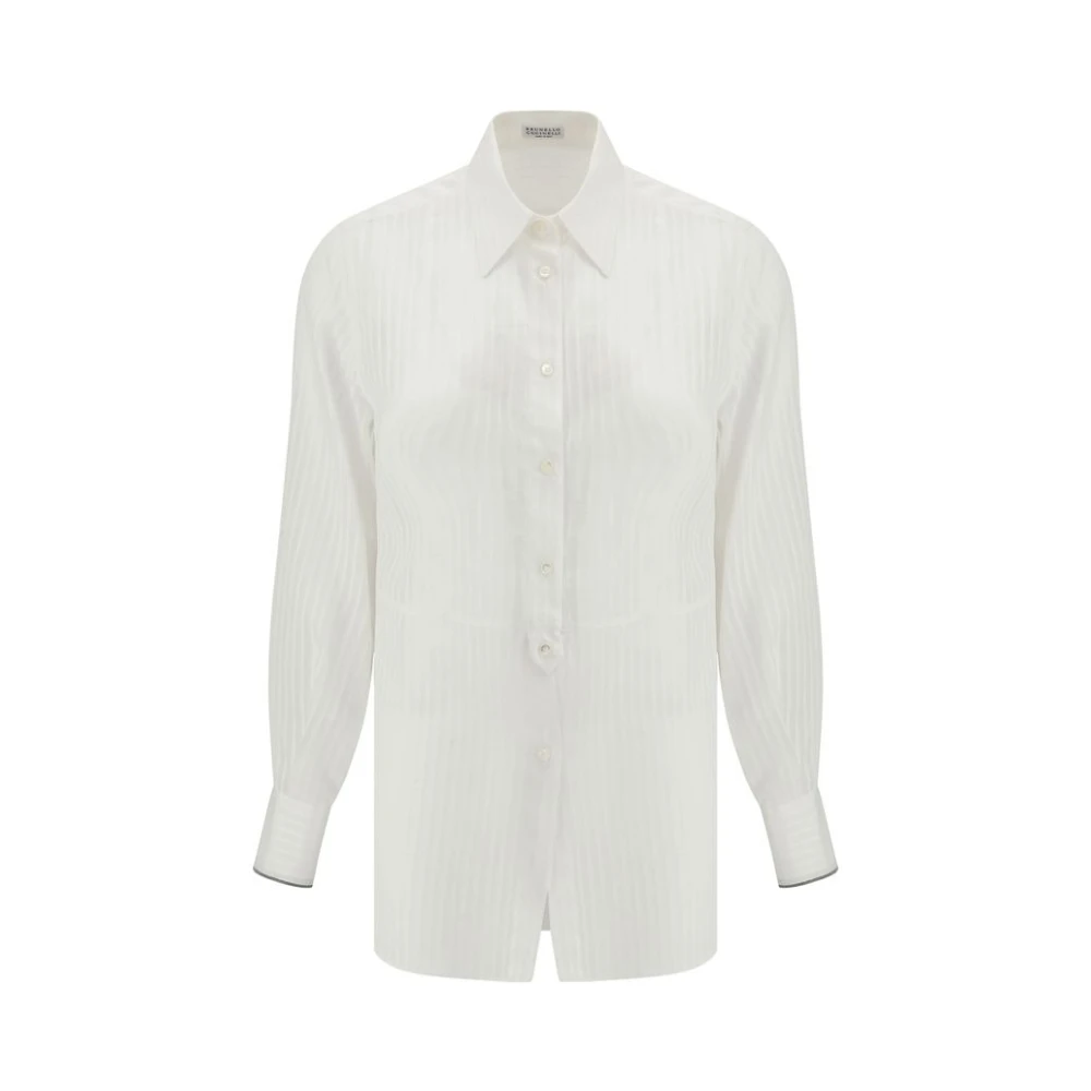 BRUNELLO CUCINELLI Gestreept katoenen overhemd met pareldetail White Dames