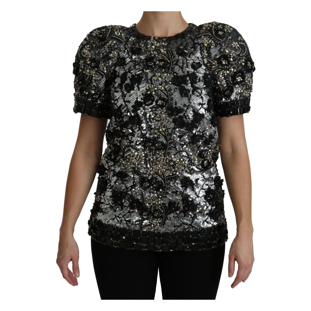 Dolce & Gabbana Sequined Crystal Embellished Crew Neck Top - Female - Blouses - Gray - Xs - Blouses & Shirts