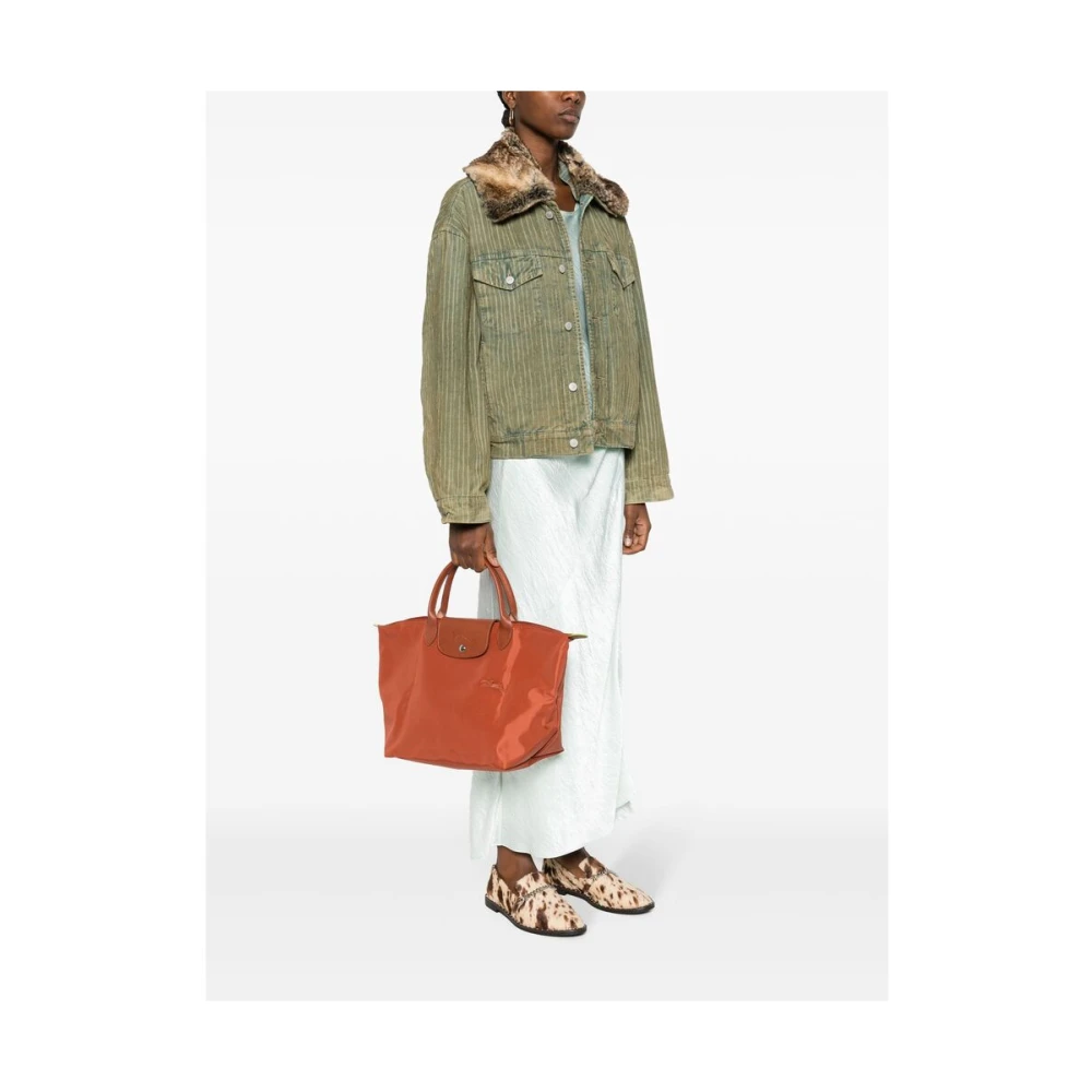 Longchamp Kastanjebruine Getextureerde Geborduurde Tas Brown Dames