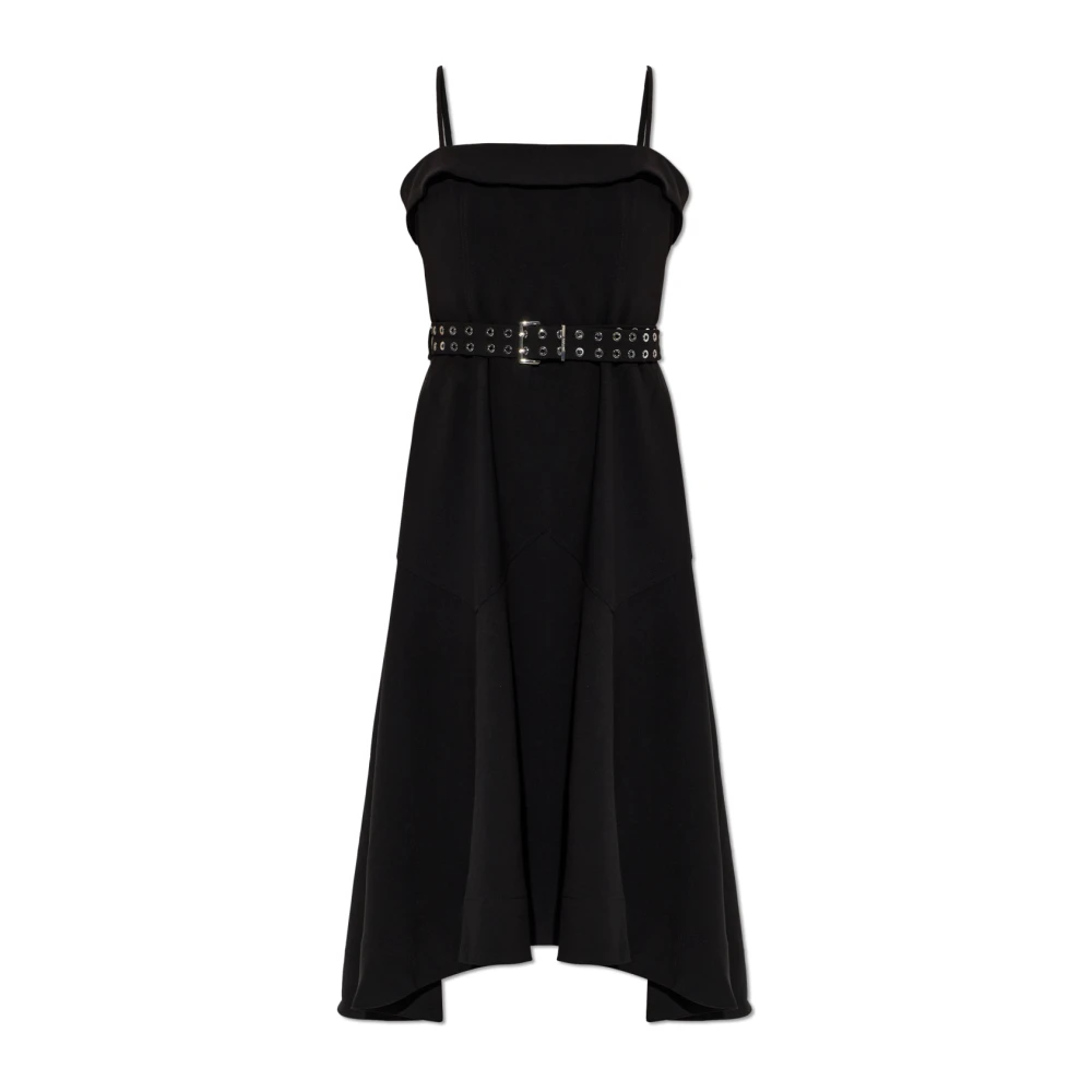 Ganni Women's Black Midi Dresses, Xs, Asymmetrical Dress With A Waist Belt