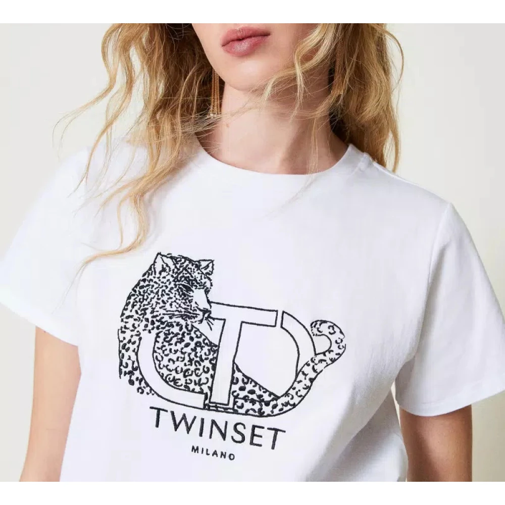 Twinset Geborduurd Logo en Jaguar T-shirt White Dames