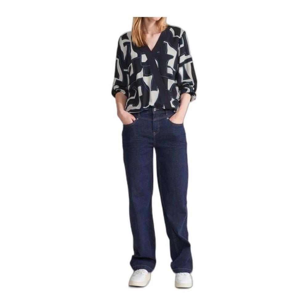 Street One Abstract Print Wrap Blouse Lange Mouw Blue Dames